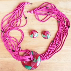 1980's 1990's Funky Neon Pink Green Seed Bead Hoop Pendant Earring Necklace Set